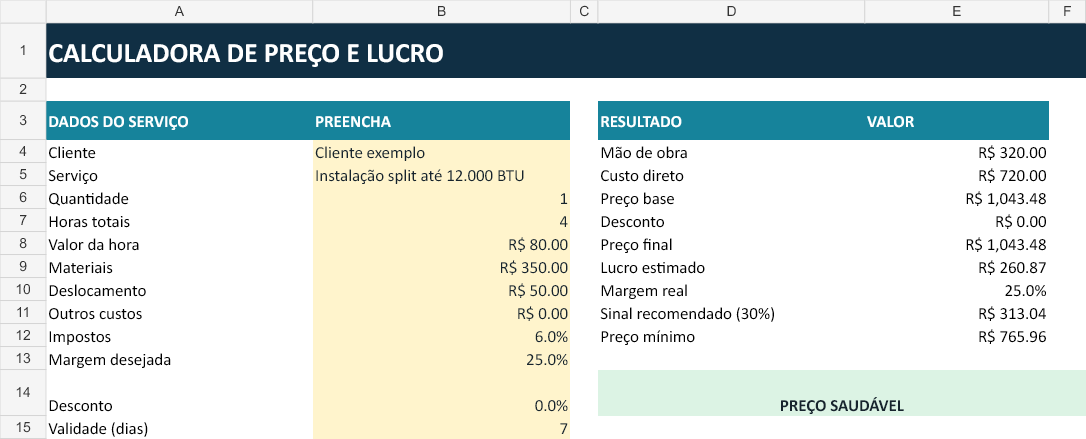 Planilha calculadora real incluída no Kit Lucro no Ar