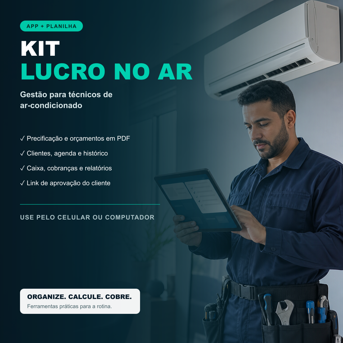 Capa do Kit Lucro no Ar com técnico usando o aplicativo